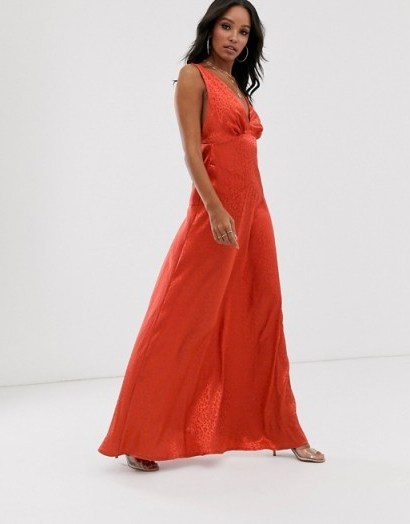 Flounce London minimal satin maxi dress in rust | plunge front party dresses - flipped