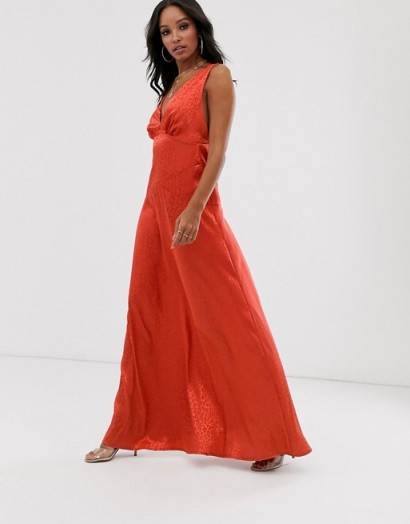 Flounce London minimal satin maxi dress in rust | plunge front party dresses