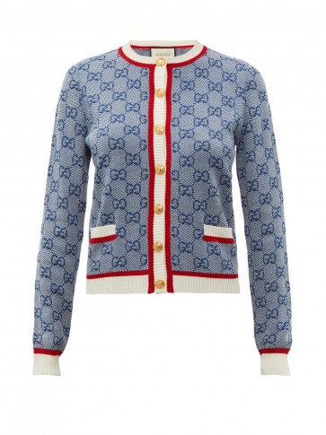 GUCCI GG logo-jacquard wool-blend cardigan in blue ~ designer knitwear