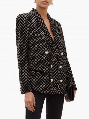 BALMAIN Glitter-grid double-breasted black velvet blazer - flipped