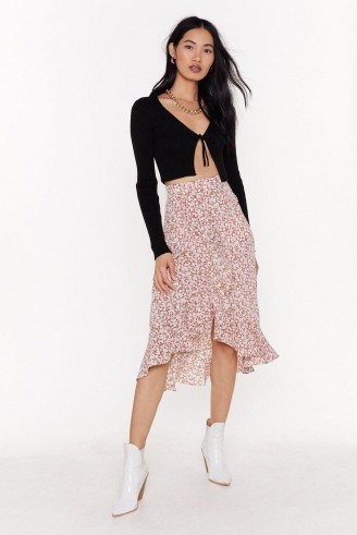 Nasty Gal Grow Old with Me Floral Midi Skirt Pink | frill hem skirts - flipped