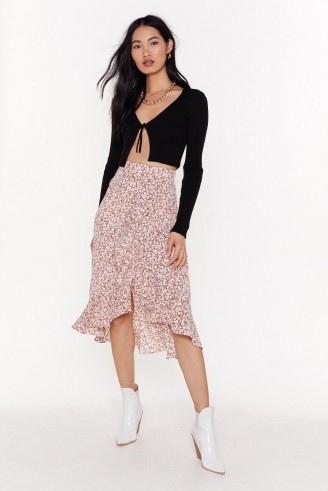 Nasty Gal Grow Old with Me Floral Midi Skirt Pink | frill hem skirts