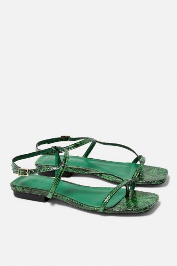 TOPSHOP HAVEN Green Flat Sandals / snake print flats - flipped