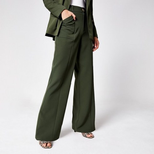 River Island Khaki wide leg utility trousers | green pocket detail pants - flipped