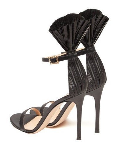 GIANVITO ROSSI Black lamé 105 plissé-cuff stiletto sandals ~ fan detailed event shoes - flipped