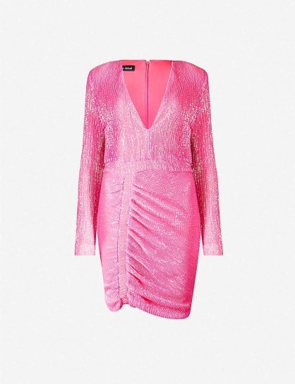 LAVISH ALICE V-neck ruched sequinned dress in neon-pink - flipped