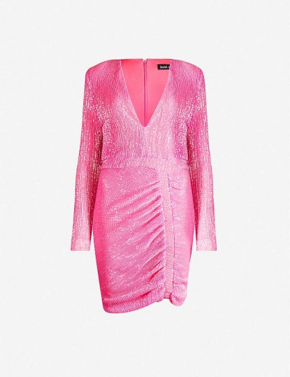 LAVISH ALICE V-neck ruched sequinned dress in neon-pink