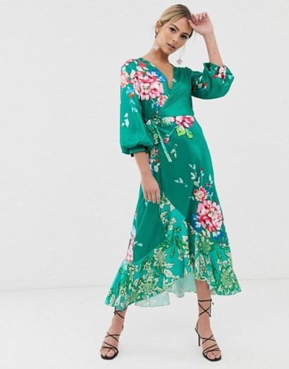 Liquorish wrap front midi tea dress in green floral print ~ summer garden party frock - flipped