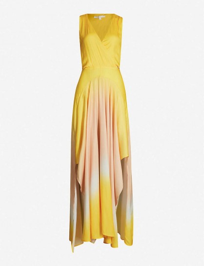 MAJE Resia tie-dye V-neck sleeveless satin maxi dress in yellow