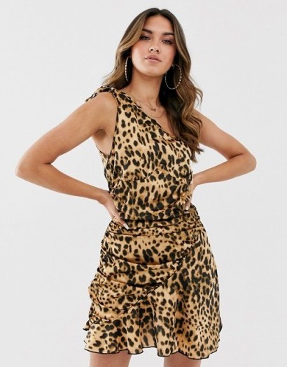 Missguided one shoulder dress with ruched skirt in leopard print - flipped
