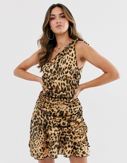 Missguided one shoulder dress with ruched skirt in leopard print