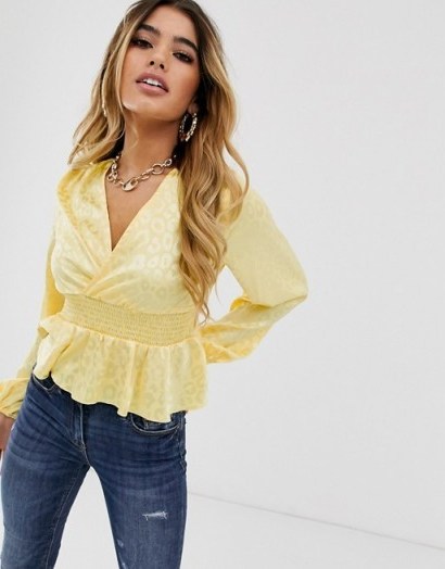 Missguided satin blouse with shirred waist and peplum hem in yellow animal print - flipped