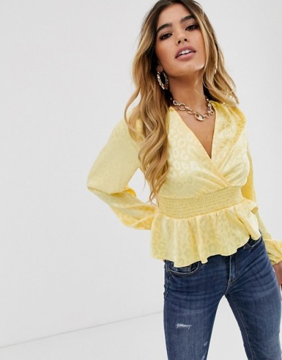 Missguided satin blouse with shirred waist and peplum hem in yellow animal print