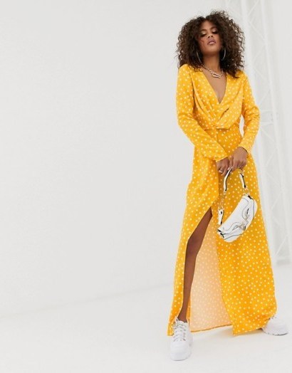 Missguided Tall Exclusive satin wrap dress with thigh split in yellow polka - flipped