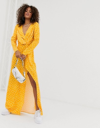 Missguided Tall Exclusive satin wrap dress with thigh split in yellow polka