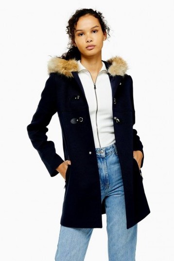 TOPSHOP Navy Faux Fur Hooded Coat - flipped