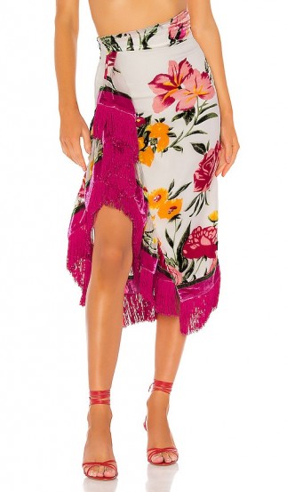 NBD Alaina Midi Skirt Hot Pink & Ivory | fringed summer skirts