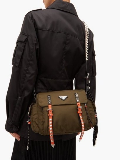 PRADA New Vela studded nylon shoulder bag in khaki-green ~ military style handbag - flipped