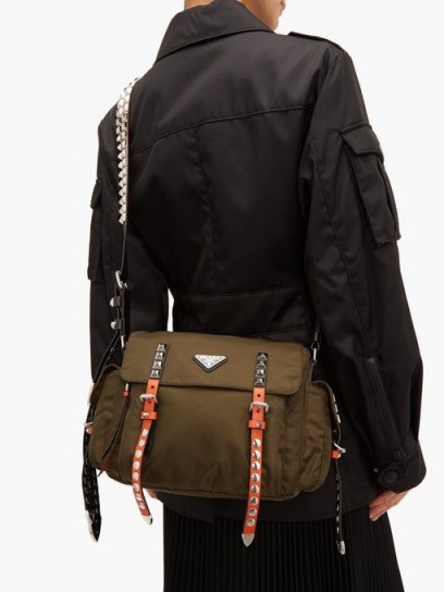 PRADA New Vela studded nylon shoulder bag in khaki-green ~ military style handbag