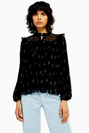 Topshop OAKLAND Embellished Floral Pleated Blouse in Black - flipped