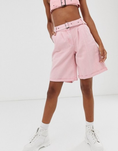 One Above Another high waist shorts in vintage-pink wash denim co-ord