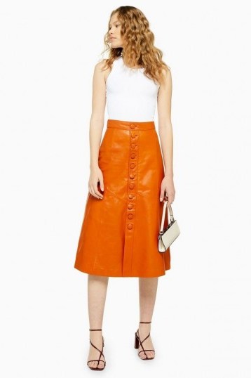 Topshop Orange Leather Button Midi Skirt - flipped
