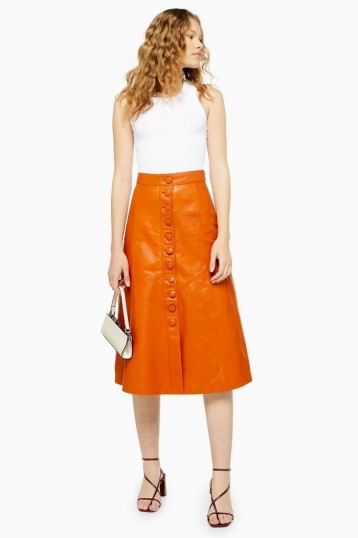 Topshop Orange Leather Button Midi Skirt