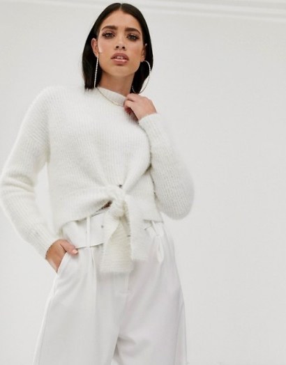Parallel Lines fluffy soft touch jumper with tie front in white | chic sweater - flipped