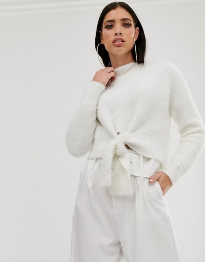 Parallel Lines fluffy soft touch jumper with tie front in white | chic sweater