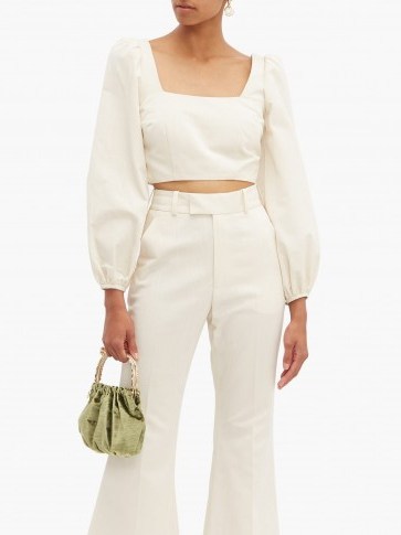 RACIL Pat square-neck cotton-blend faille cropped top ~ cream puffed sleeve tops - flipped