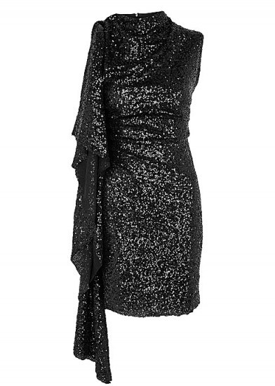 PAULA KNORR Relief black draped sequin mini dress ~ one sleeve cocktail dresses - flipped