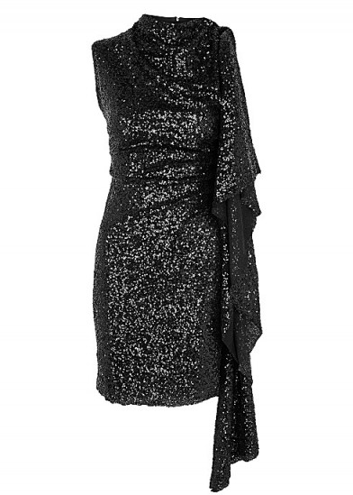 PAULA KNORR Relief black draped sequin mini dress ~ one sleeve cocktail dresses