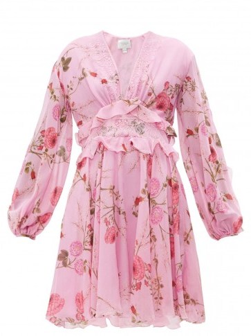 GIAMBATTISTA VALLI Peony-print lace-trim silk-georgette dress ~ floaty pink dresses - flipped