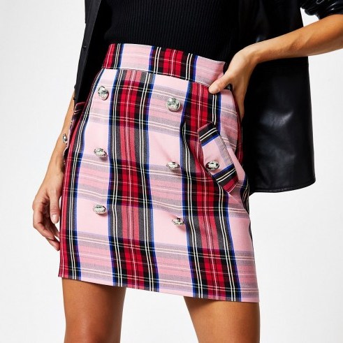 RIVER ISLAND Pink check button front mini skirt - flipped