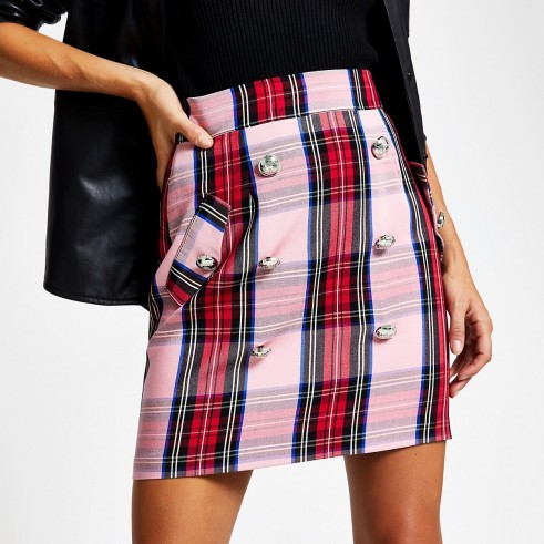 RIVER ISLAND Pink check button front mini skirt