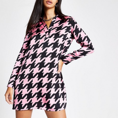 RIVER ISLAND Pink dogtooth check swing dress