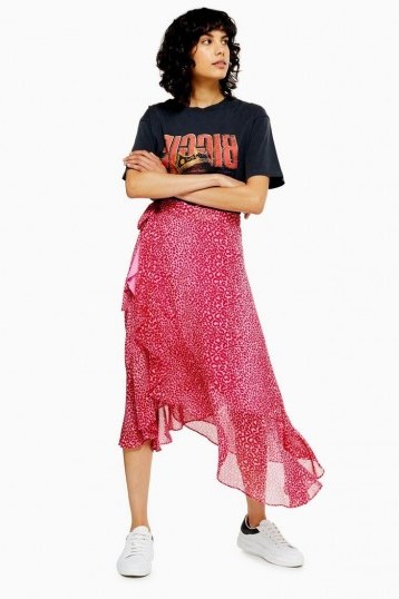 Topshop Pink Leopard Wrap Midi Skirt | ruffle trimmed skirts - flipped
