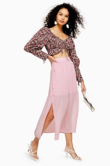 Topshop Pink Pleat Side Button Midi Skirt | split skirts - flipped
