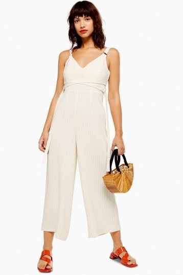 Topshop Pinstripe Wrap Jumpsuit in Ivory | strappy summer jumpsuits - flipped