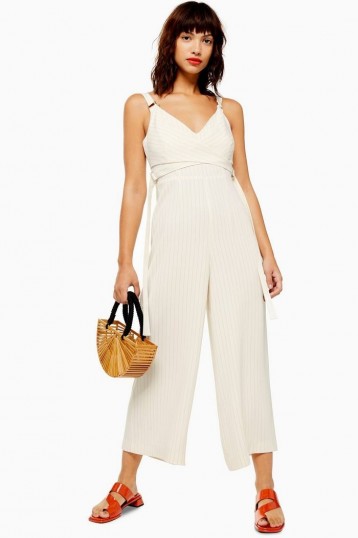 Topshop Pinstripe Wrap Jumpsuit in Ivory | strappy summer jumpsuits