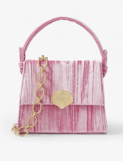 RIXO Jemima velvet mini top handle bag in fuchsia | pink shell embellished handbag - flipped