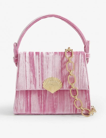 RIXO Jemima velvet mini top handle bag in fuchsia | pink shell embellished handbag