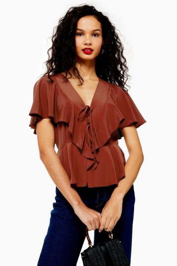 Topshop Ruffle Tie Front Blouse in Rust