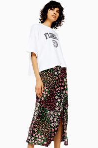 Topshop SAN DIEGO Black Patchwork Floral Bias Skirt | front slit skirts