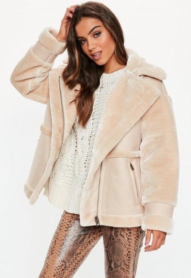 MISSGUIDED sand faux fur aviator coat ~ luxe style jacket