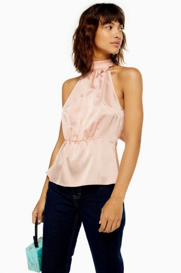 Topshop Satin Bow Back Halter Neck Top in Nude