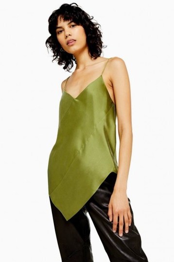 Topshop Boutique Silk Spiral Camisole Top in Khaki | asymmetric hemline cami - flipped