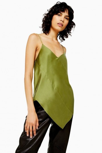 Topshop Boutique Silk Spiral Camisole Top in Khaki | asymmetric hemline cami