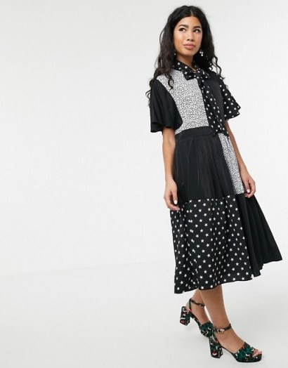 Sister Jane pleated midi dress with pussybow in animal star mixed print black / white - flipped
