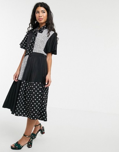 Sister Jane pleated midi dress with pussybow in animal star mixed print black / white